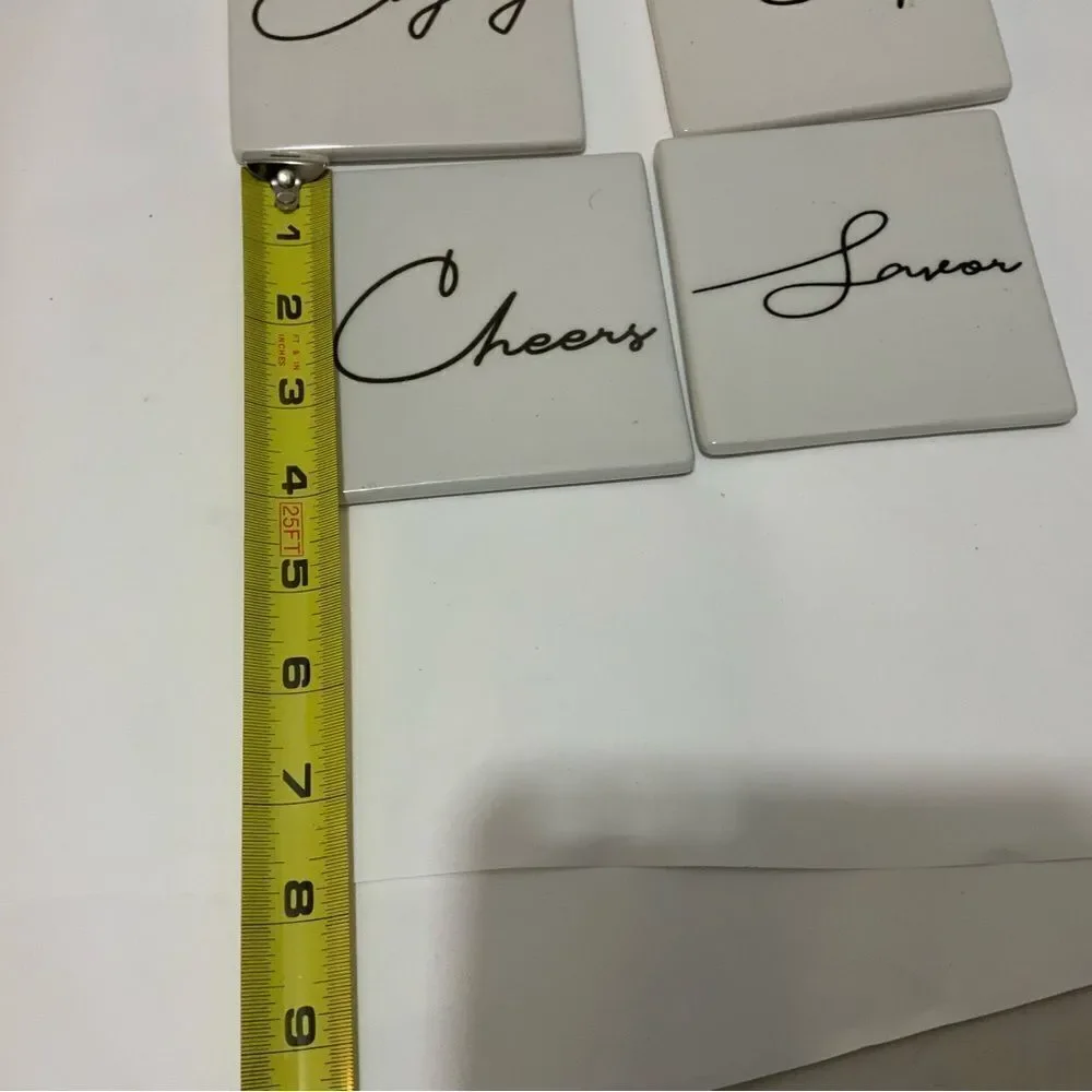 CERAMIC DRINK COASTER SET OF 4 CHEERS SIP SAVOR ENJOY SQUARE 4”x4” A4